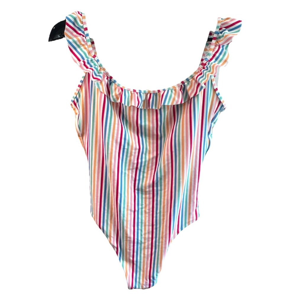 J.Crew One Piece Bathing Suit  Ruffle Trim Color Stripes Unpadded Sz L